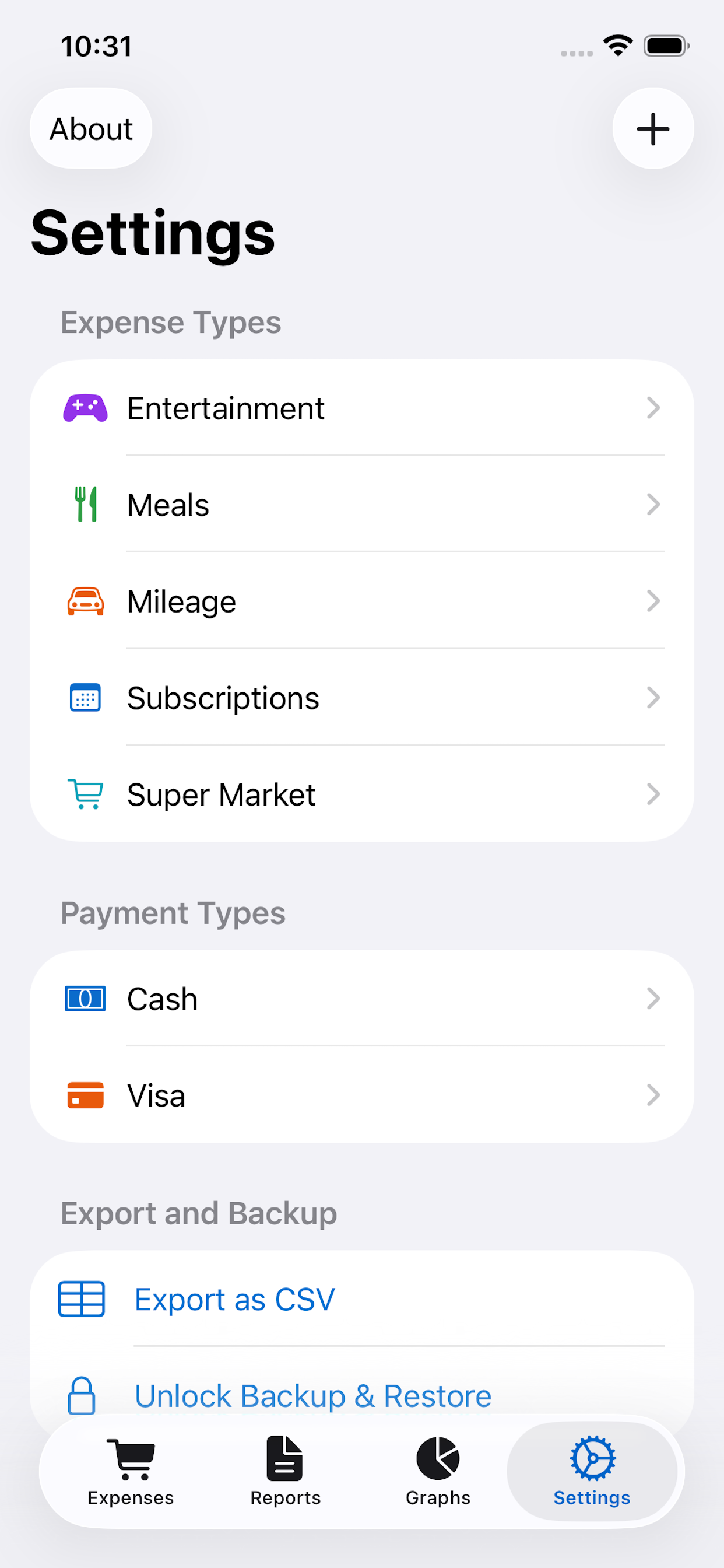 iLogi Settings tab — expense and payment categories, each with an icon and colour